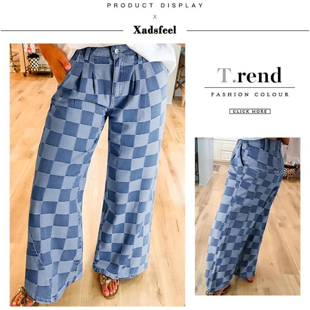 Womens Patterned Wide Leg Jeans High Waist Cotton Blend Casual Pants - Picture 7 of 8